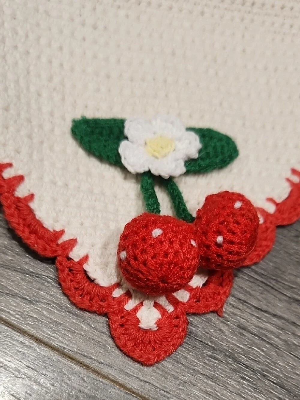 Piper NWT Crochet Cream Bib with Red Cherry Accents